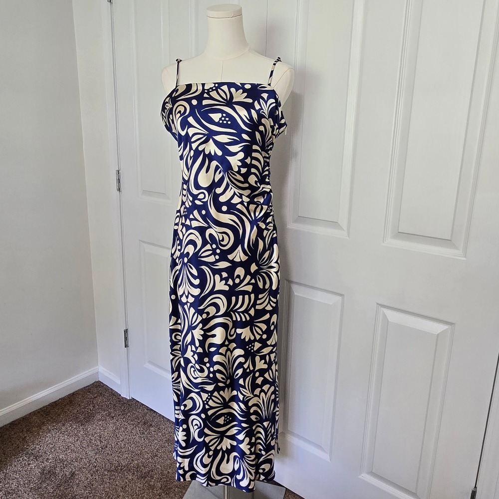House of Harlow 1960 Midi Dress Womens Large Navy Blue Damask Ruched Slip Dress